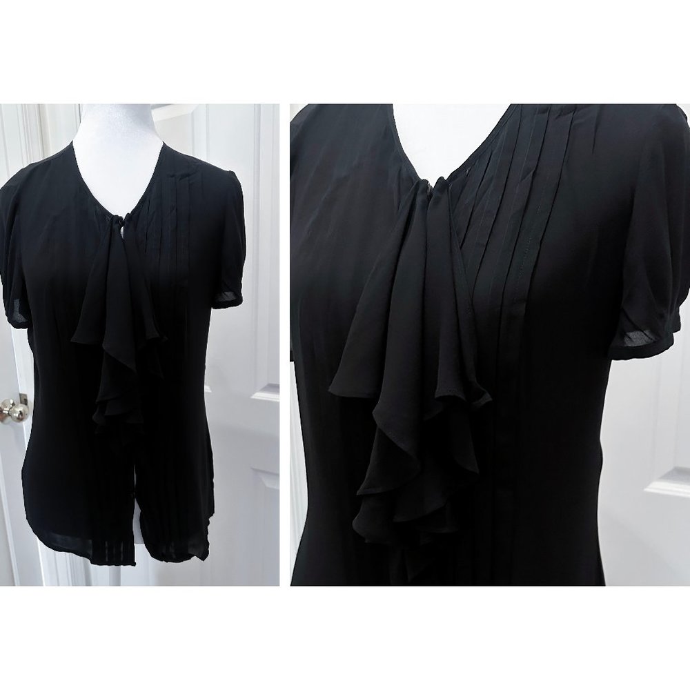 ESCADA Ruffle Front Blouse / 34 XS S / Silk / Black /EUC / Semi-Sheer Short Slve